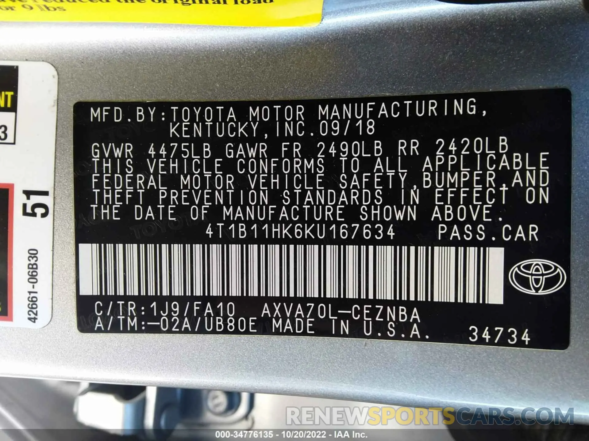 9 fotografías del automóvil dañado 4T1B11HK6KU167634 TOYOTA CAMRY 2019