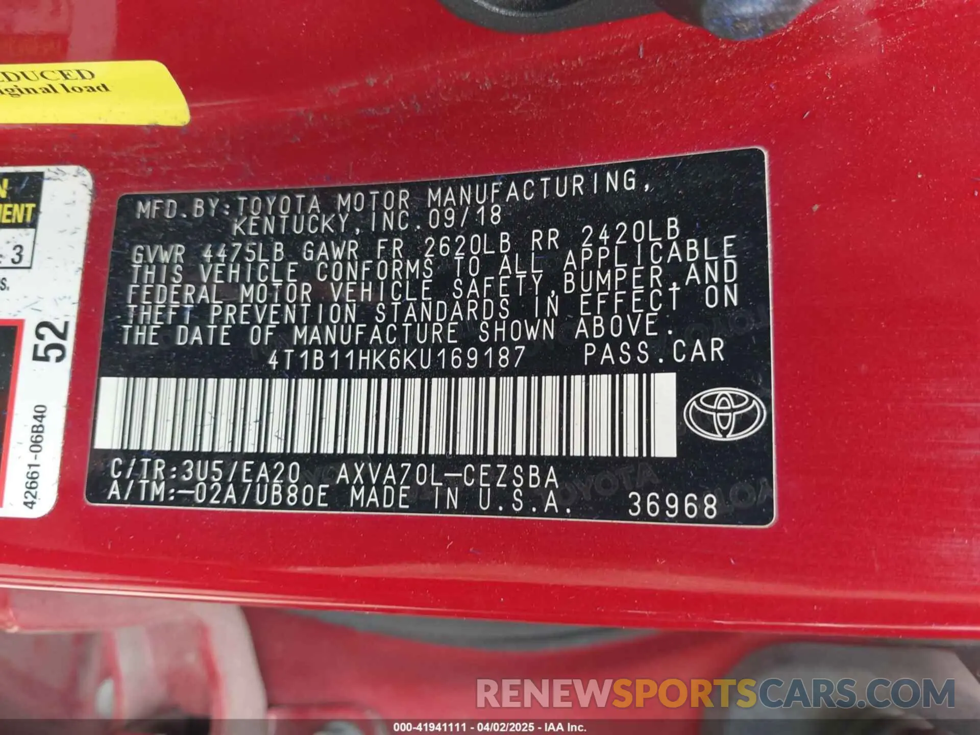9 fotografías del automóvil dañado 4T1B11HK6KU169187 TOYOTA CAMRY 2019