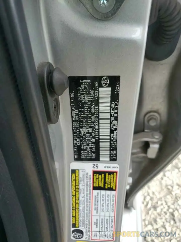 12 fotografías del automóvil dañado 4T1B11HK6KU170078 TOYOTA CAMRY 2019