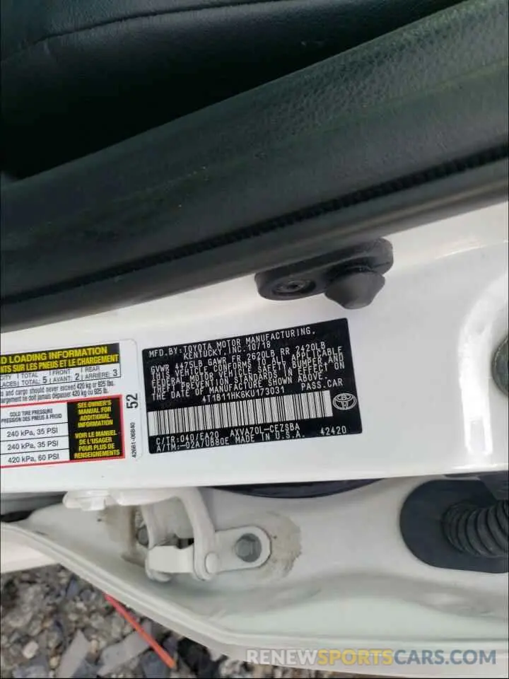 10 fotografías del automóvil dañado 4T1B11HK6KU173031 TOYOTA CAMRY 2019