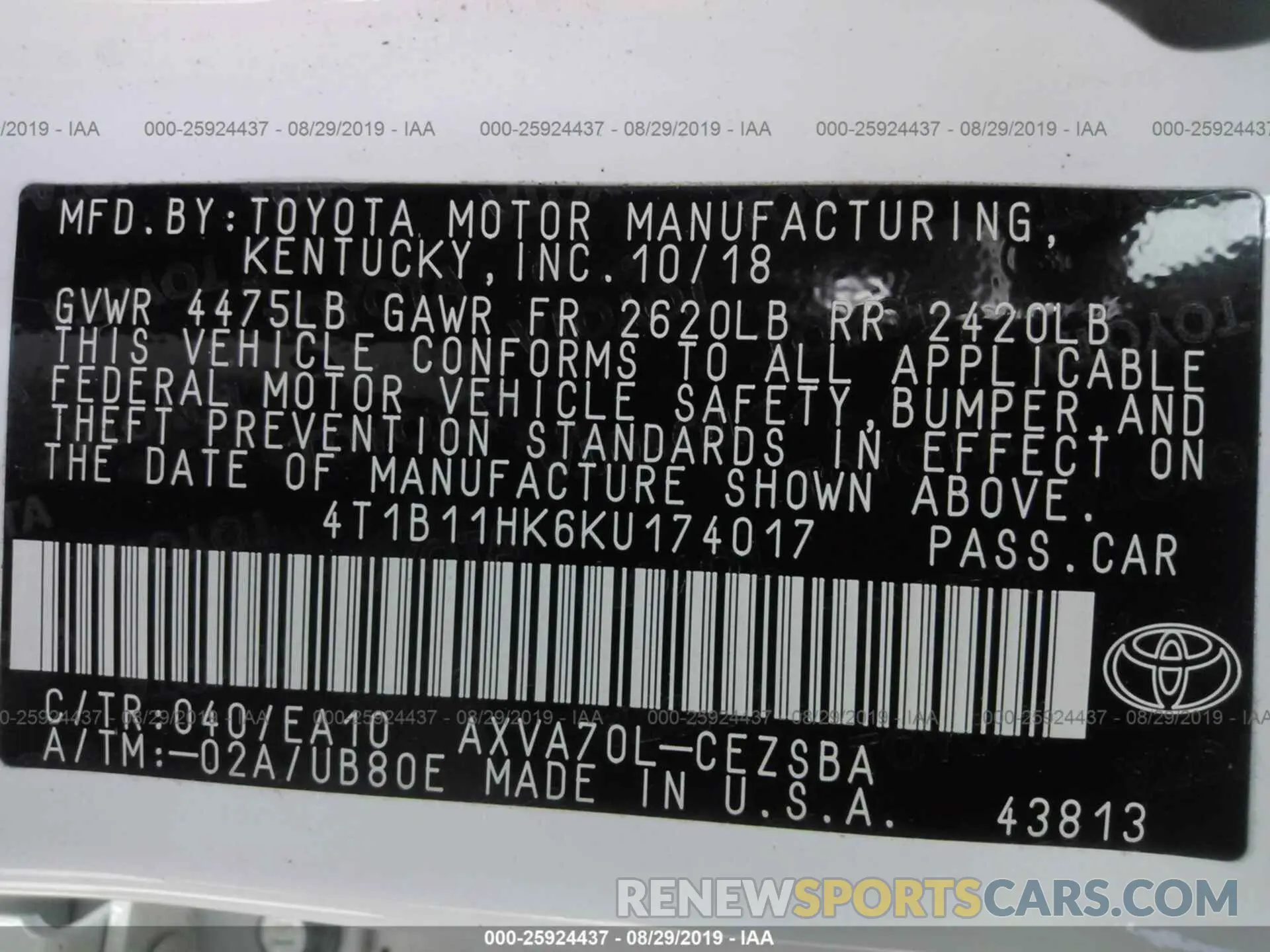 9 fotografías del automóvil dañado 4T1B11HK6KU174017 TOYOTA CAMRY 2019