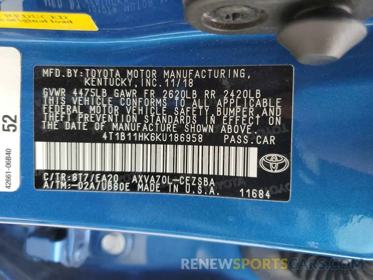 13 fotografías del automóvil dañado 4T1B11HK6KU186958 TOYOTA CAMRY 2019