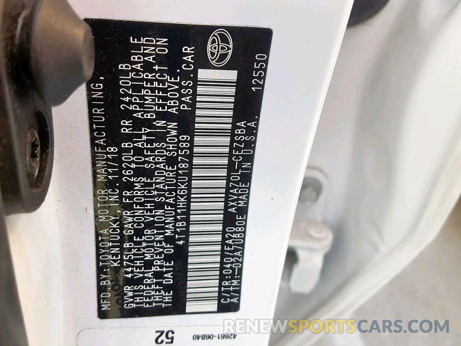 10 fotografías del automóvil dañado 4T1B11HK6KU187589 TOYOTA CAMRY 2019