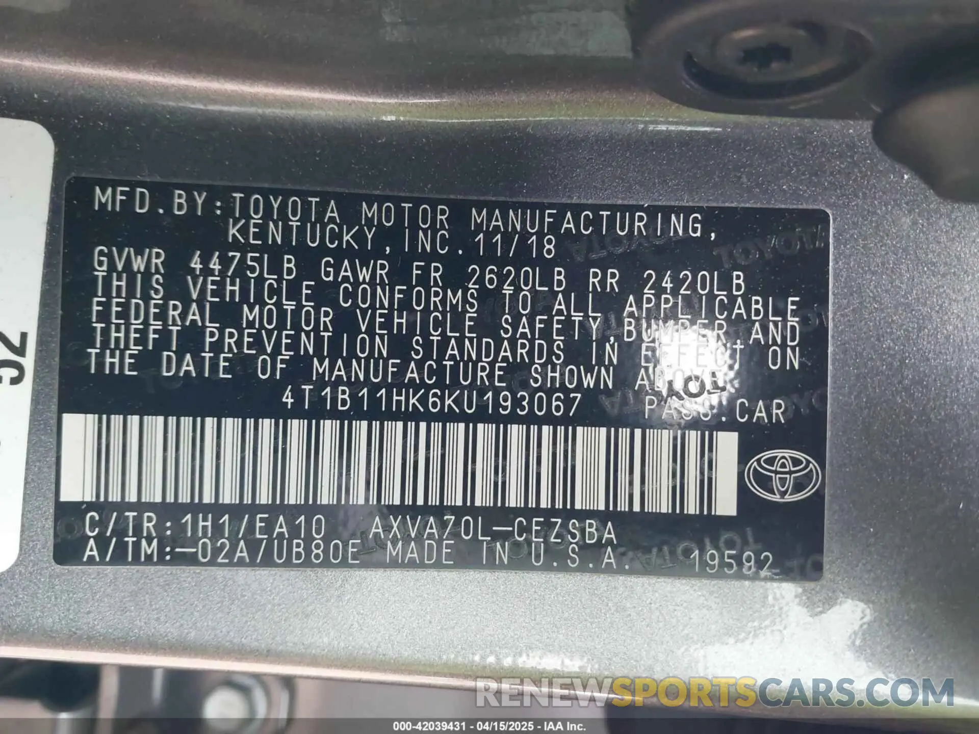 9 fotografías del automóvil dañado 4T1B11HK6KU193067 TOYOTA CAMRY 2019