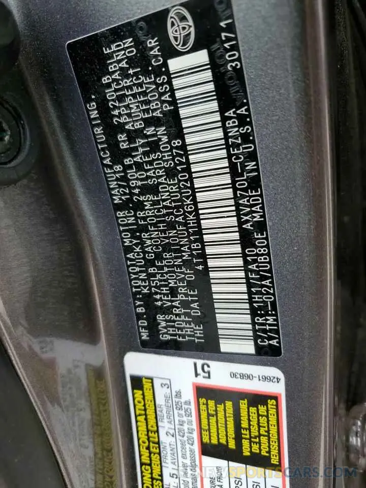 13 fotografías del automóvil dañado 4T1B11HK6KU201278 TOYOTA CAMRY 2019