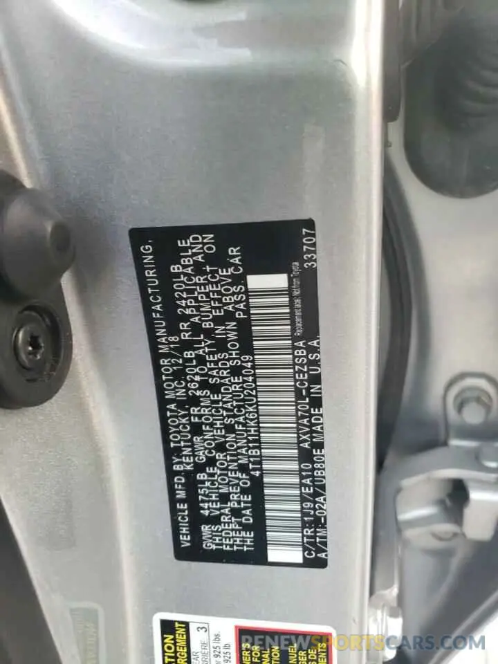 12 fotografías del automóvil dañado 4T1B11HK6KU204049 TOYOTA CAMRY 2019
