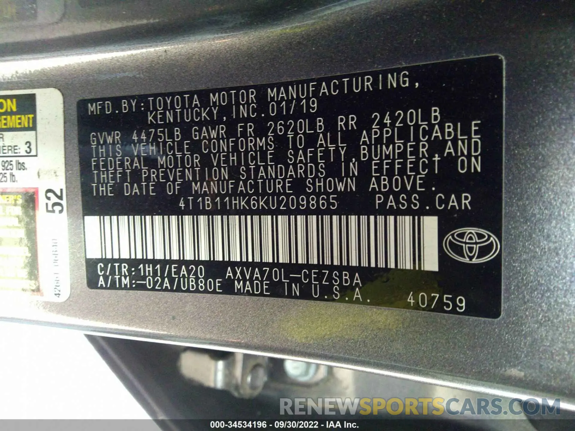 9 fotografías del automóvil dañado 4T1B11HK6KU209865 TOYOTA CAMRY 2019