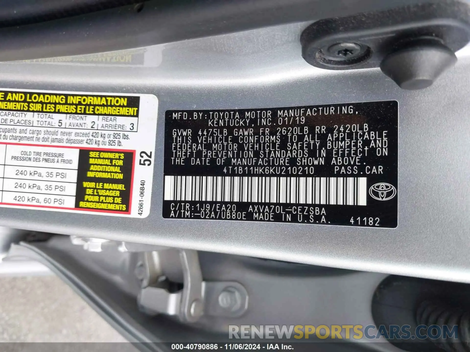 9 fotografías del automóvil dañado 4T1B11HK6KU210210 TOYOTA CAMRY 2019