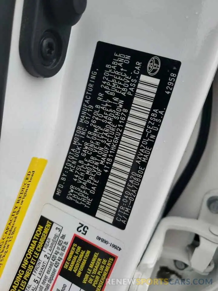 12 fotografías del automóvil dañado 4T1B11HK6KU211678 TOYOTA CAMRY 2019