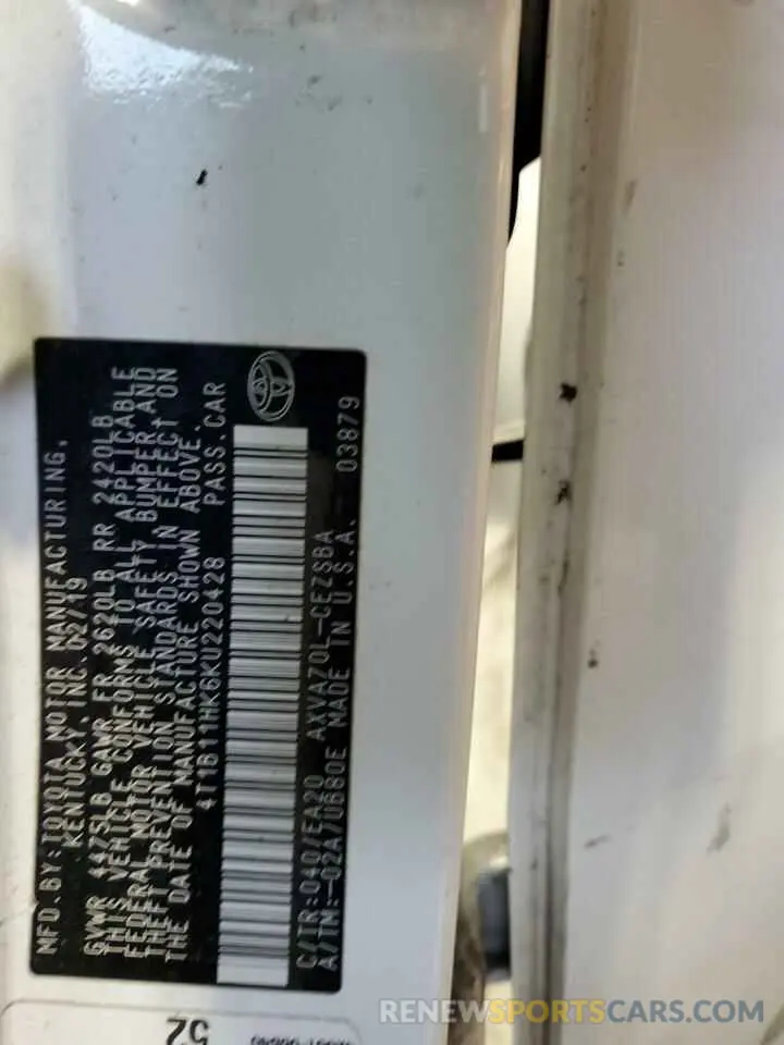 12 fotografías del automóvil dañado 4T1B11HK6KU220428 TOYOTA CAMRY 2019
