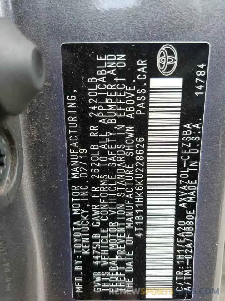 12 fotografías del automóvil dañado 4T1B11HK6KU228626 TOYOTA CAMRY 2019