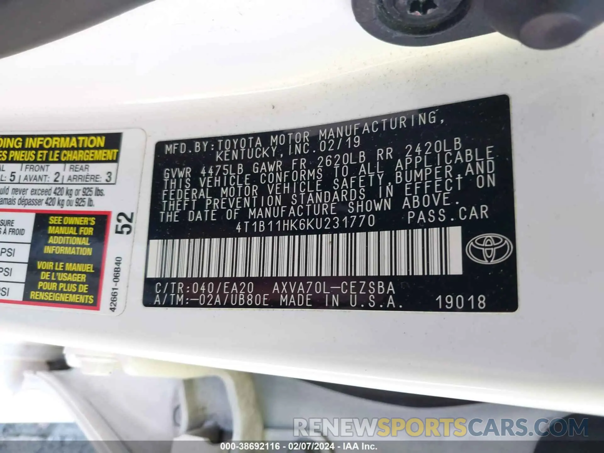 9 fotografías del automóvil dañado 4T1B11HK6KU231770 TOYOTA CAMRY 2019