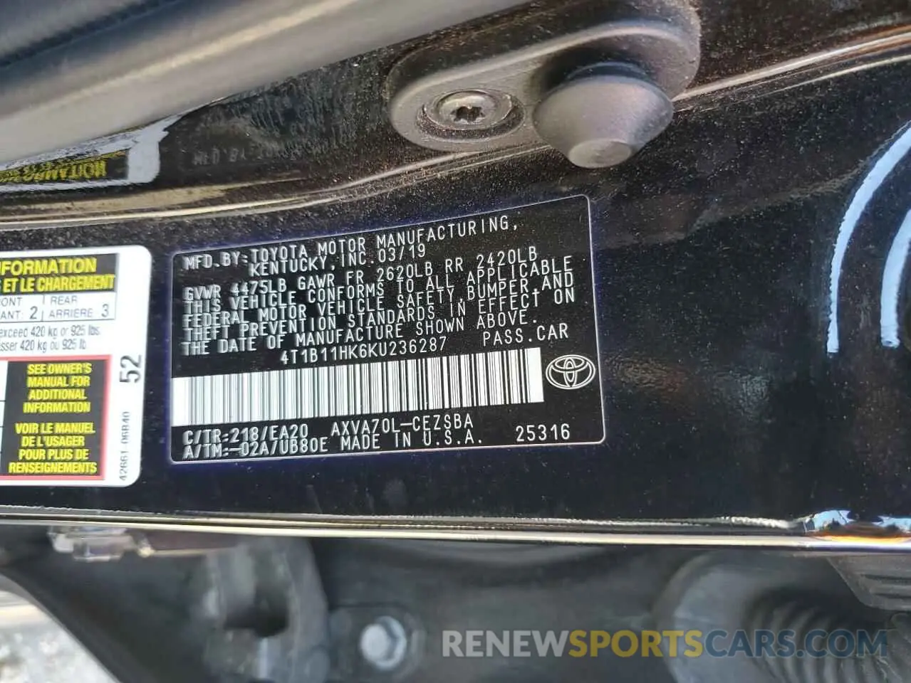 12 fotografías del automóvil dañado 4T1B11HK6KU236287 TOYOTA CAMRY 2019