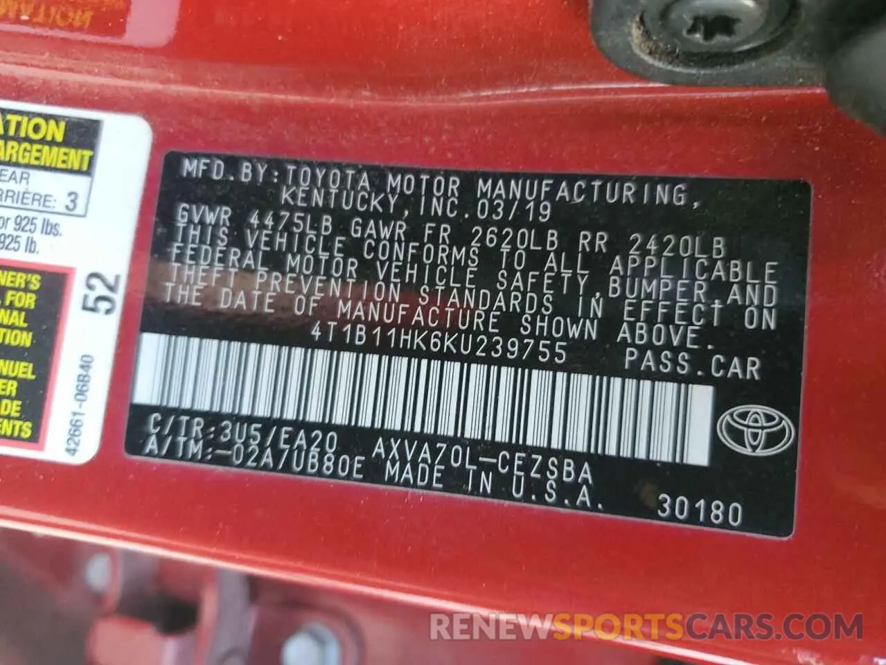 12 fotografías del automóvil dañado 4T1B11HK6KU239755 TOYOTA CAMRY 2019