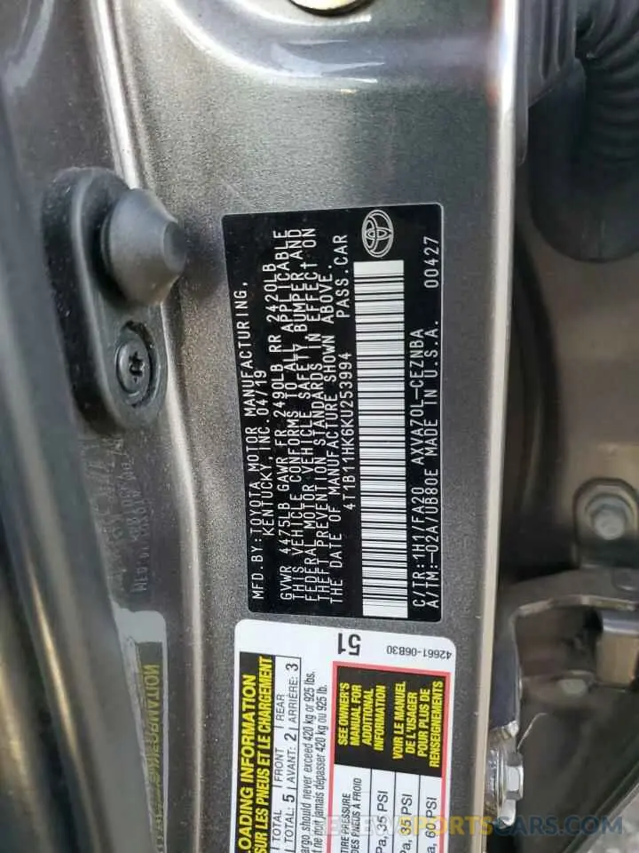 13 fotografías del automóvil dañado 4T1B11HK6KU253994 TOYOTA CAMRY 2019