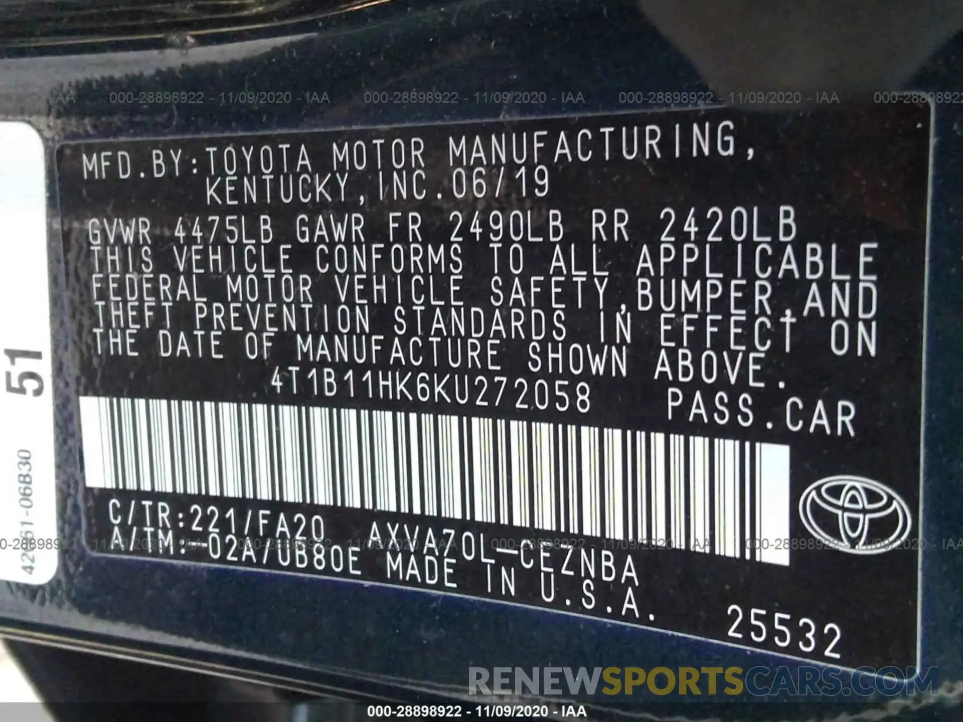 9 fotografías del automóvil dañado 4T1B11HK6KU272058 TOYOTA CAMRY 2019