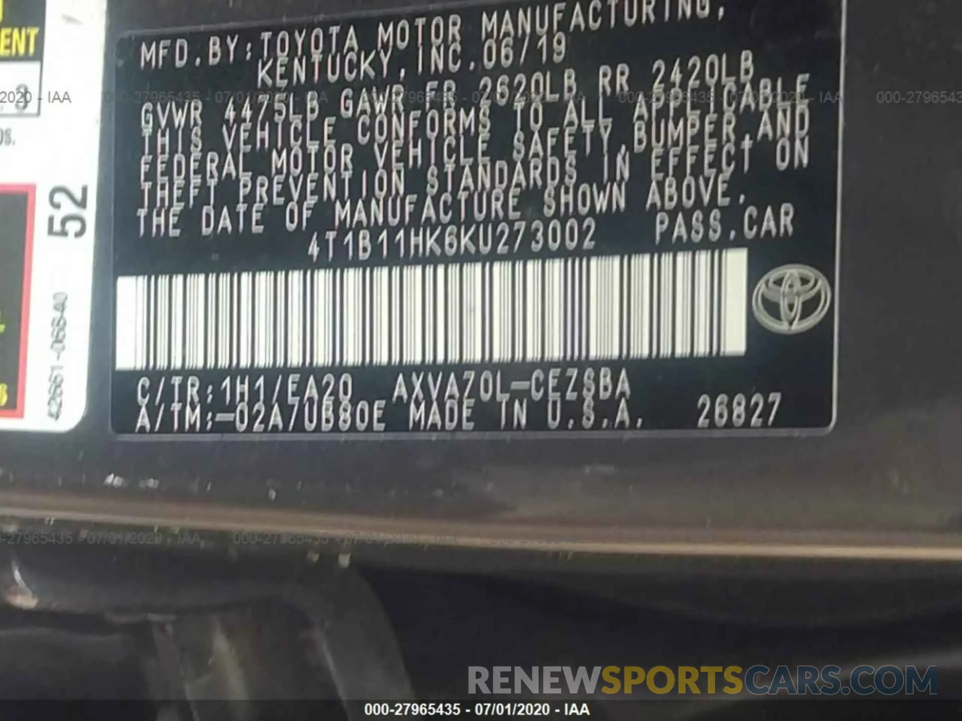9 fotografías del automóvil dañado 4T1B11HK6KU273002 TOYOTA CAMRY 2019