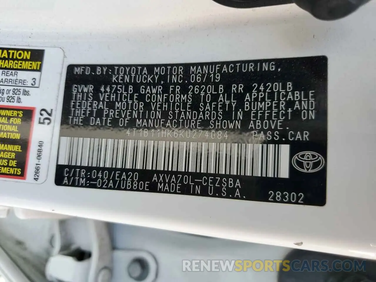 12 fotografías del automóvil dañado 4T1B11HK6KU274084 TOYOTA CAMRY 2019