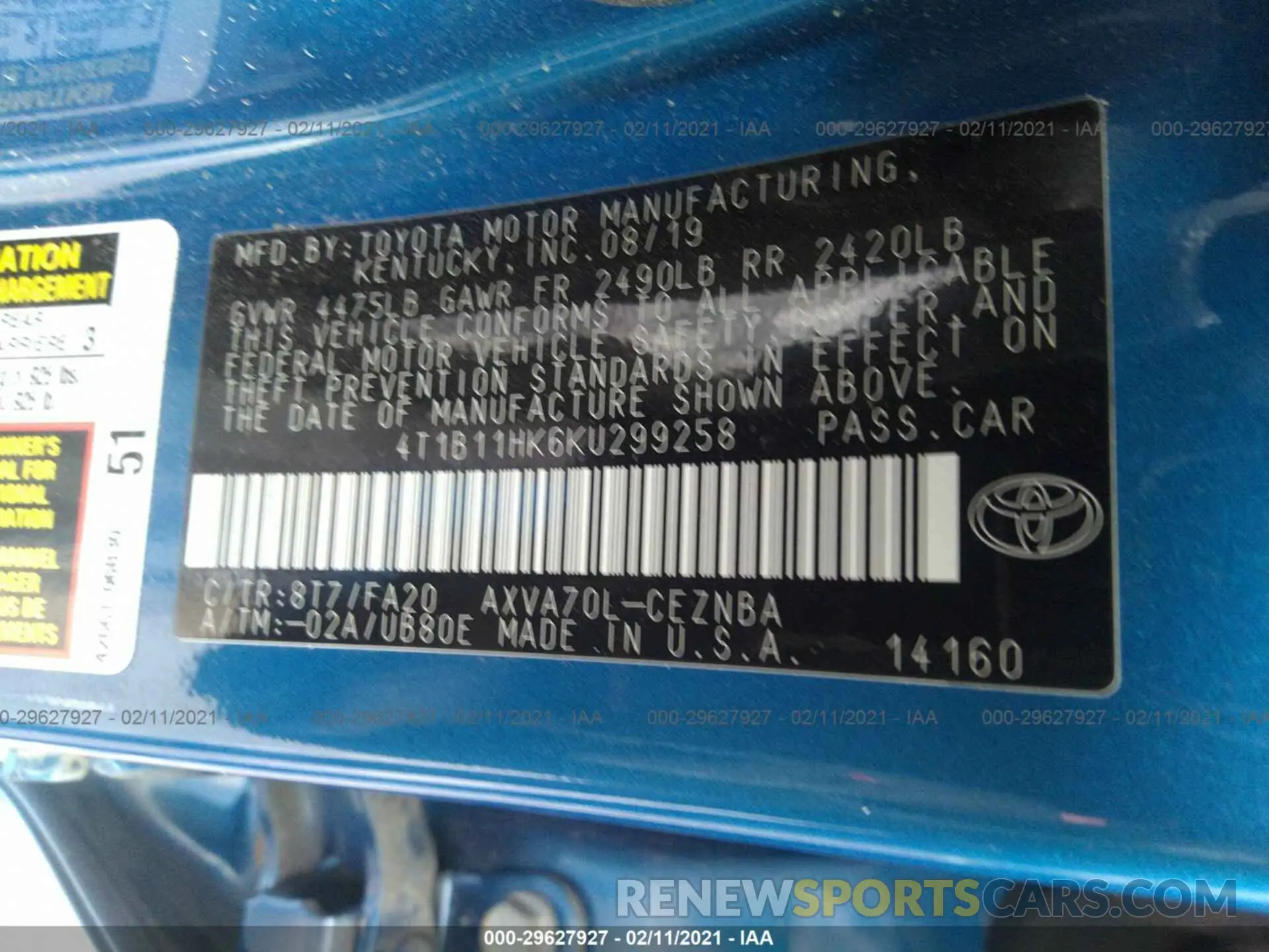 9 fotografías del automóvil dañado 4T1B11HK6KU299258 TOYOTA CAMRY 2019