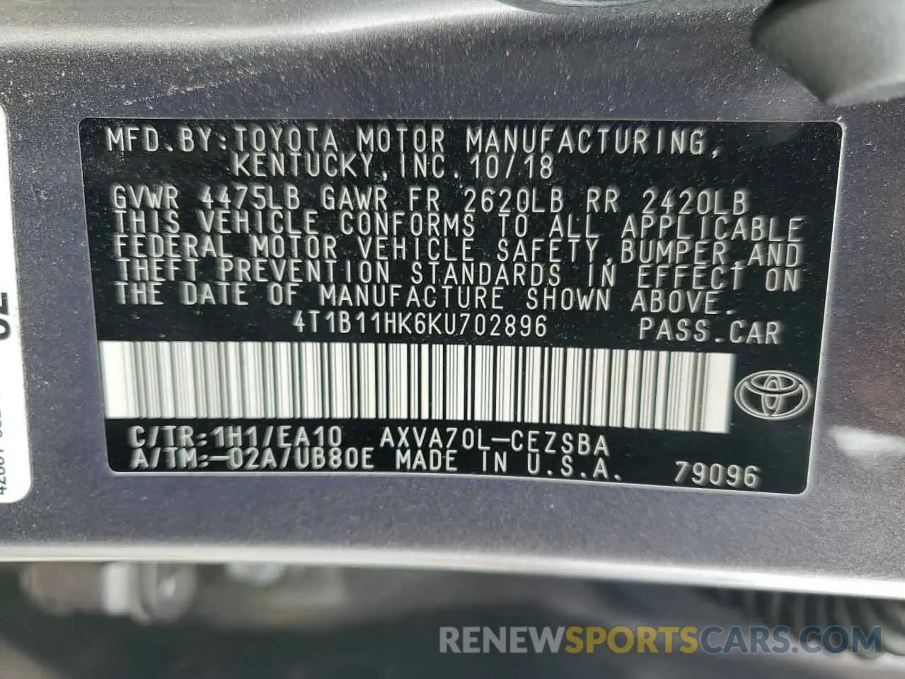 14 fotografías del automóvil dañado 4T1B11HK6KU702896 TOYOTA CAMRY 2019