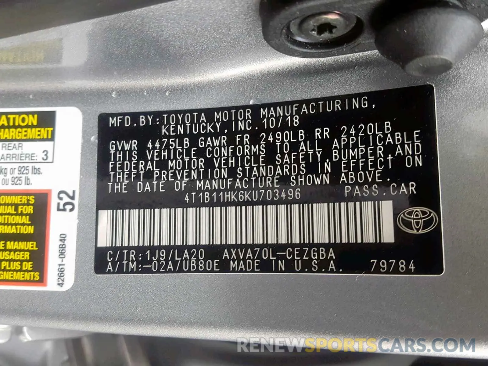 10 fotografías del automóvil dañado 4T1B11HK6KU703496 TOYOTA CAMRY 2019