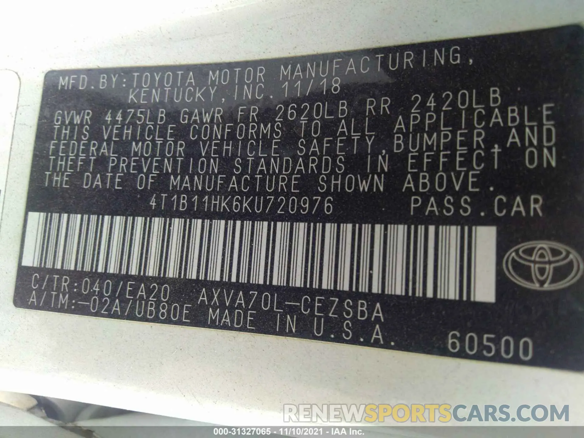 9 fotografías del automóvil dañado 4T1B11HK6KU720976 TOYOTA CAMRY 2019