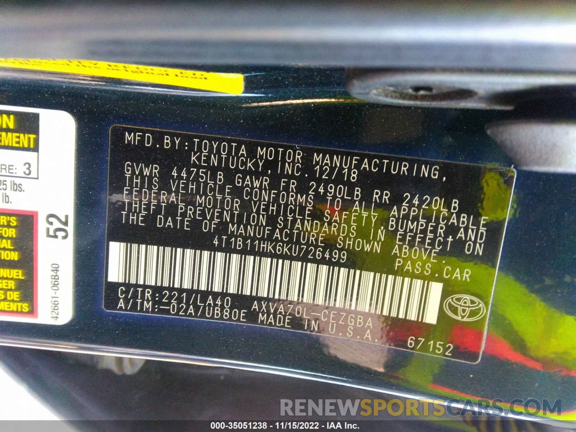 9 fotografías del automóvil dañado 4T1B11HK6KU726499 TOYOTA CAMRY 2019