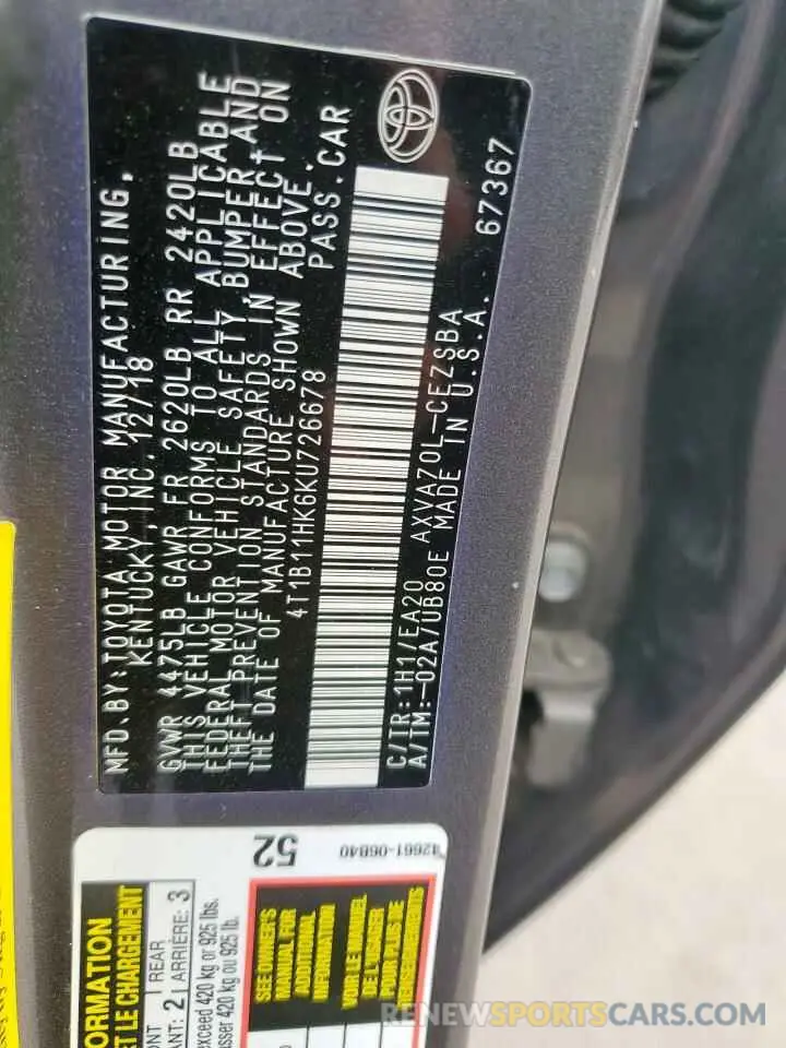 13 fotografías del automóvil dañado 4T1B11HK6KU726678 TOYOTA CAMRY 2019