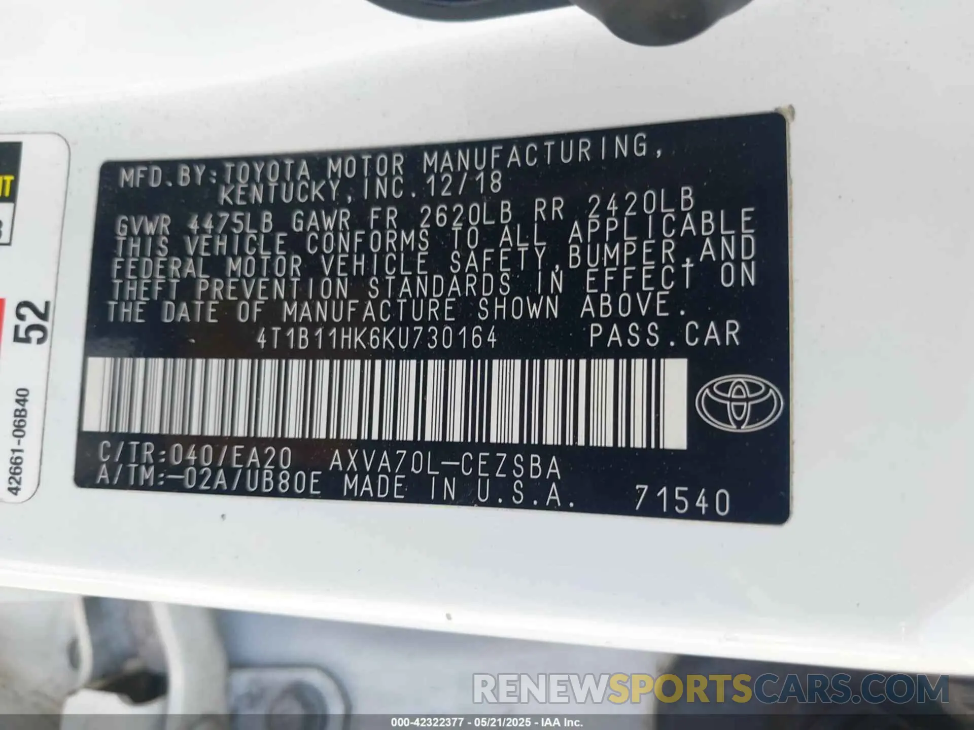 9 fotografías del automóvil dañado 4T1B11HK6KU730164 TOYOTA CAMRY 2019