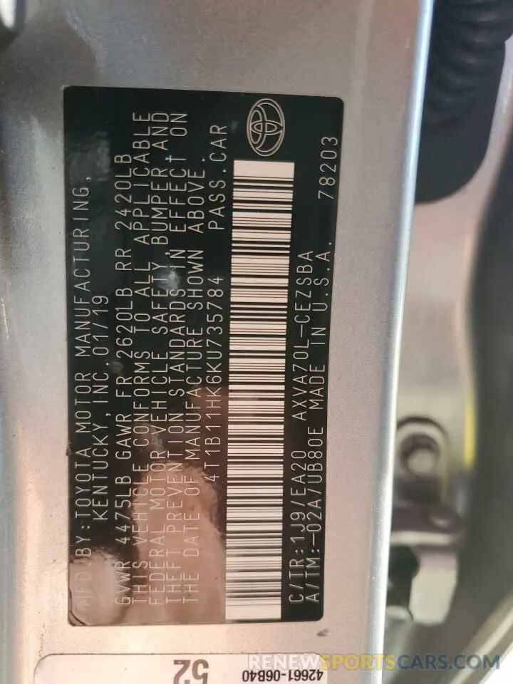 13 fotografías del automóvil dañado 4T1B11HK6KU735784 TOYOTA CAMRY 2019