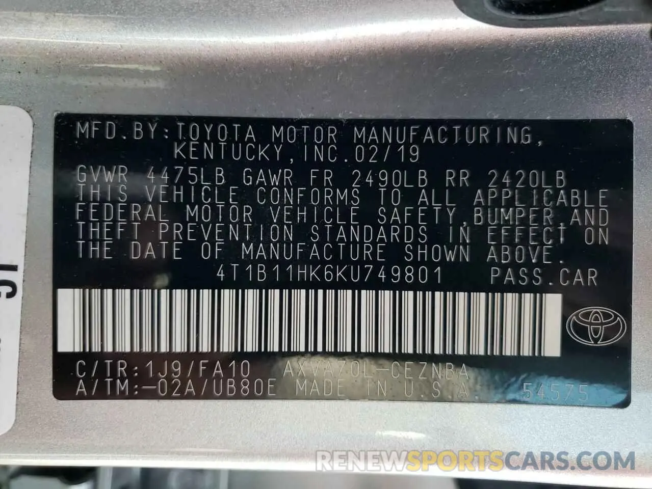 10 fotografías del automóvil dañado 4T1B11HK6KU749801 TOYOTA CAMRY 2019