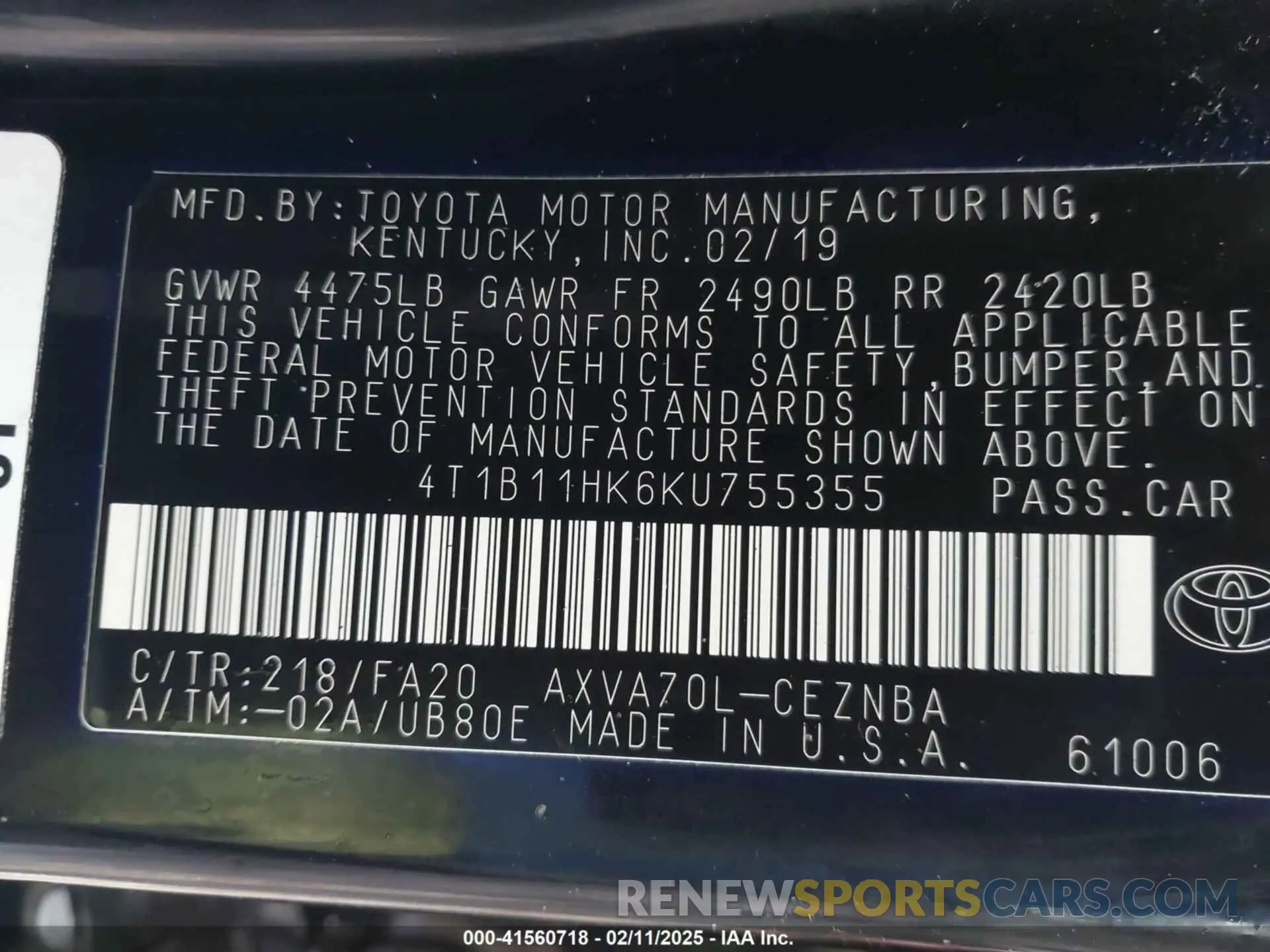 9 fotografías del automóvil dañado 4T1B11HK6KU755355 TOYOTA CAMRY 2019