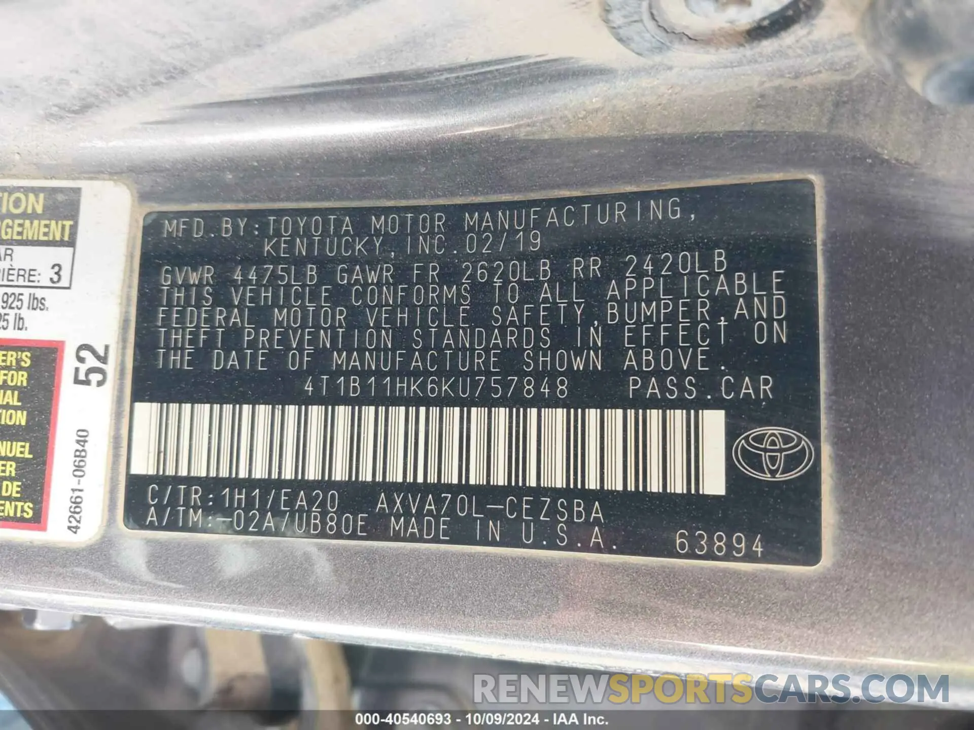 9 fotografías del automóvil dañado 4T1B11HK6KU757848 TOYOTA CAMRY 2019