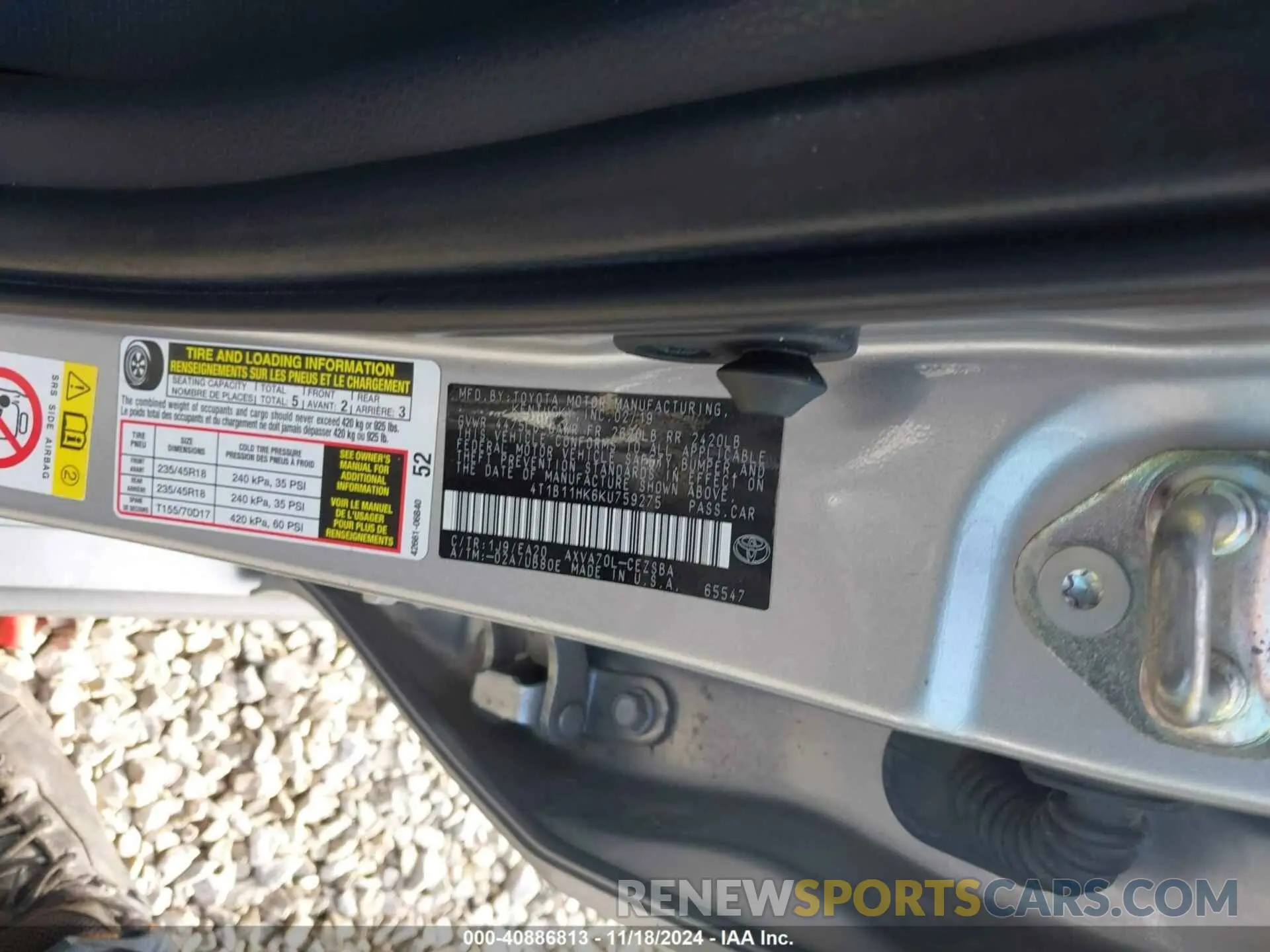 9 fotografías del automóvil dañado 4T1B11HK6KU759275 TOYOTA CAMRY 2019