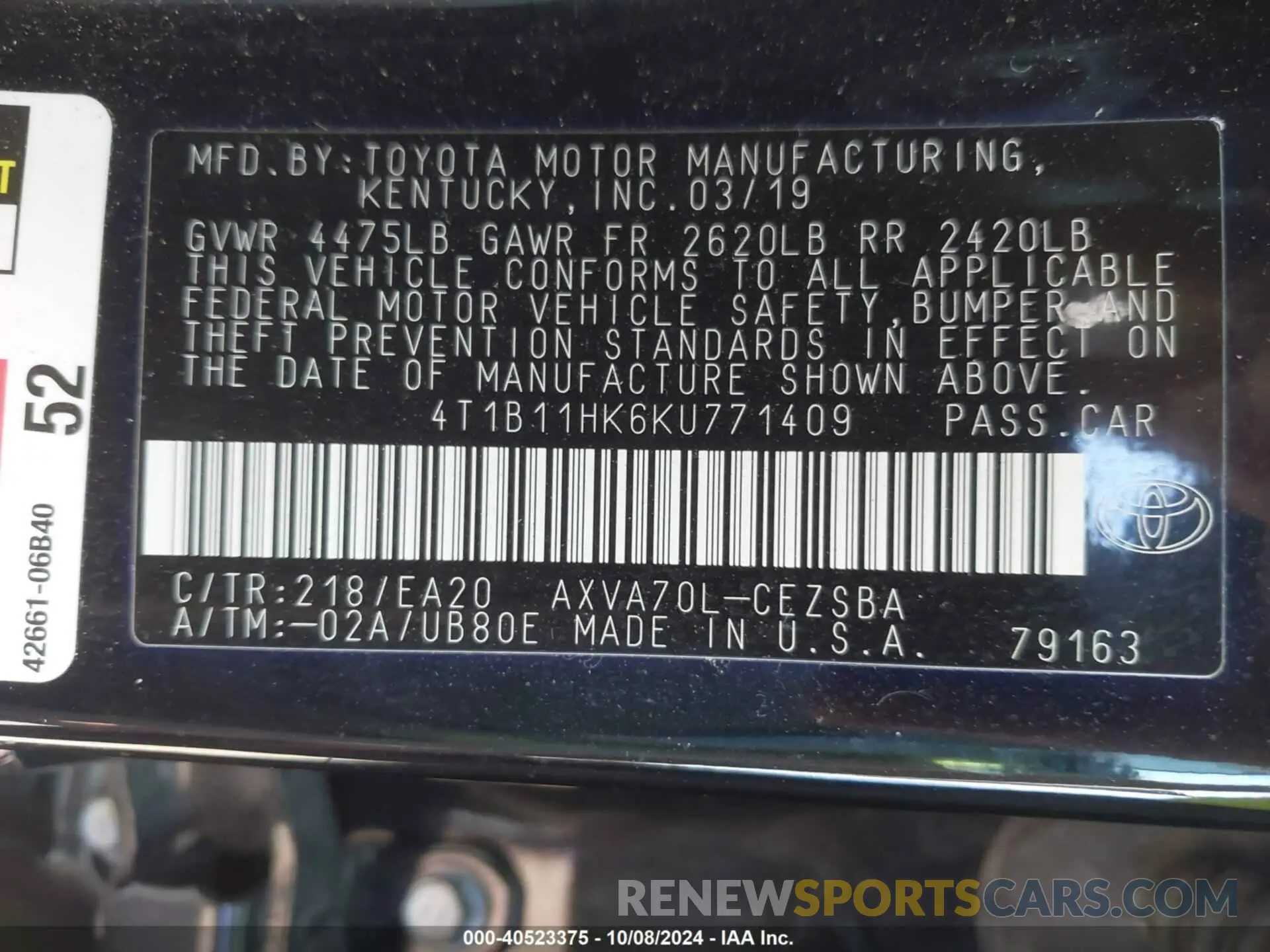 9 fotografías del automóvil dañado 4T1B11HK6KU771409 TOYOTA CAMRY 2019