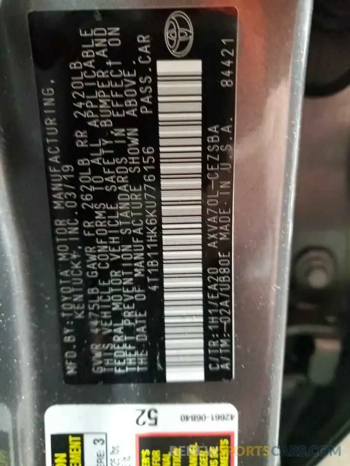 12 fotografías del automóvil dañado 4T1B11HK6KU776156 TOYOTA CAMRY 2019