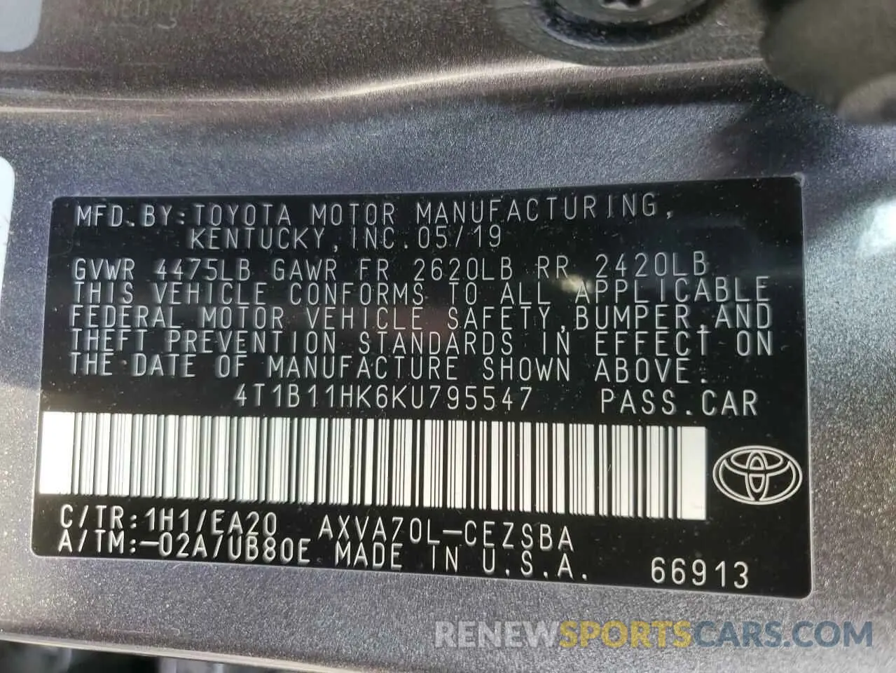 12 fotografías del automóvil dañado 4T1B11HK6KU795547 TOYOTA CAMRY 2019
