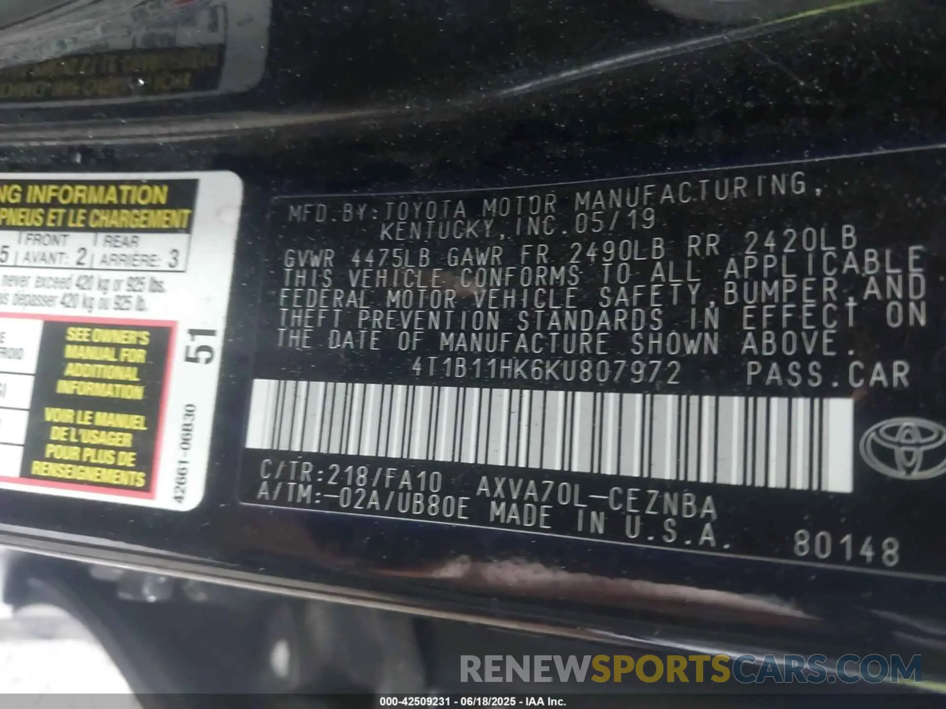 9 fotografías del automóvil dañado 4T1B11HK6KU807972 TOYOTA CAMRY 2019