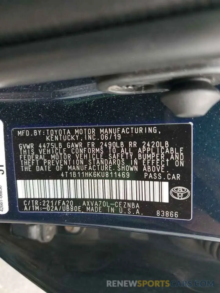 13 fotografías del automóvil dañado 4T1B11HK6KU811469 TOYOTA CAMRY 2019