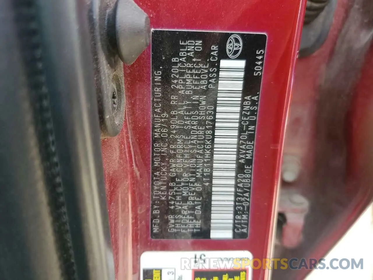 12 fotografías del automóvil dañado 4T1B11HK6KU817630 TOYOTA CAMRY 2019