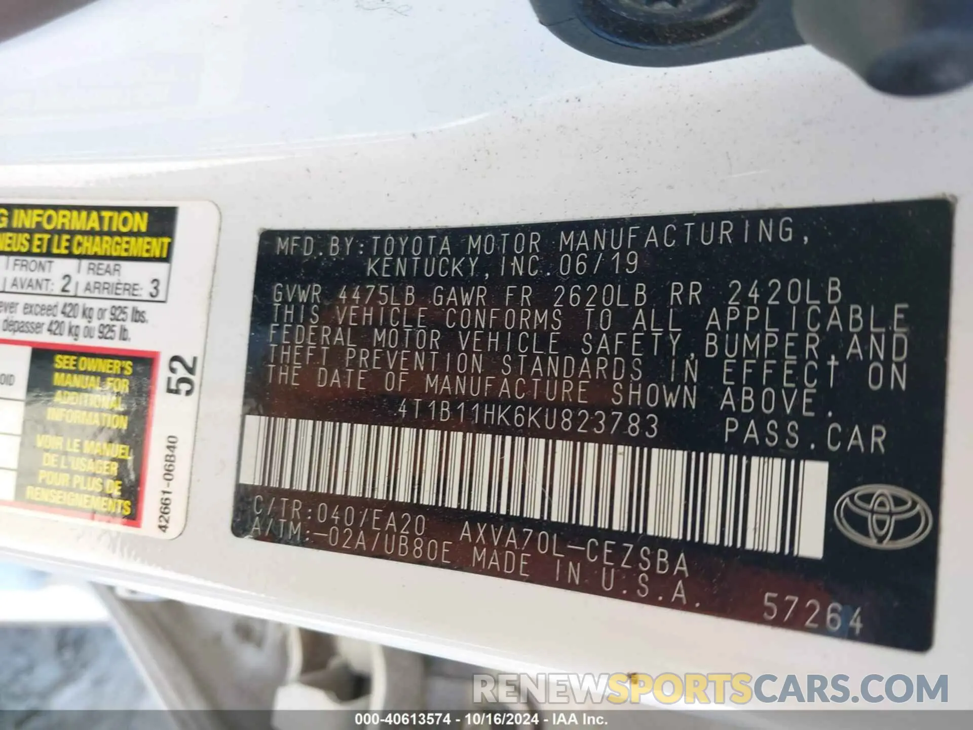 9 fotografías del automóvil dañado 4T1B11HK6KU823783 TOYOTA CAMRY 2019