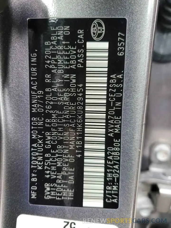 12 fotografías del automóvil dañado 4T1B11HK6KU829454 TOYOTA CAMRY 2019
