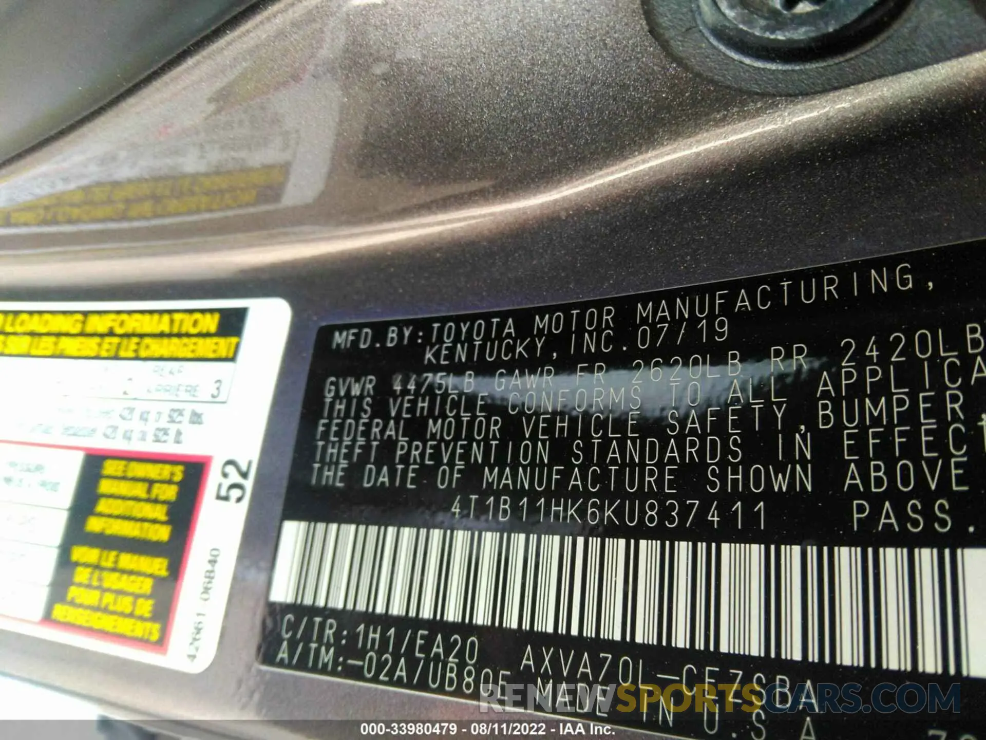 9 fotografías del automóvil dañado 4T1B11HK6KU837411 TOYOTA CAMRY 2019