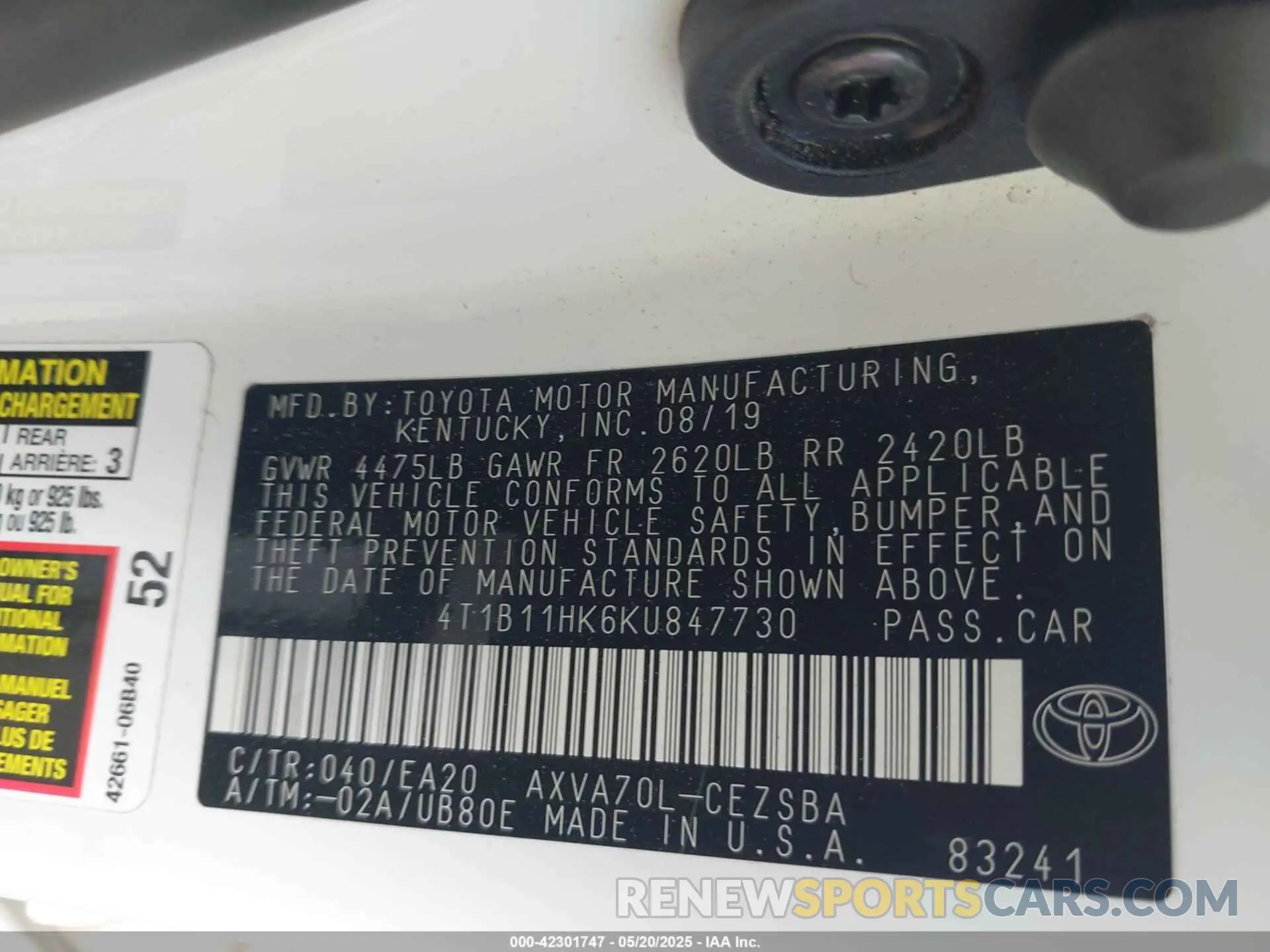 9 fotografías del automóvil dañado 4T1B11HK6KU847730 TOYOTA CAMRY 2019