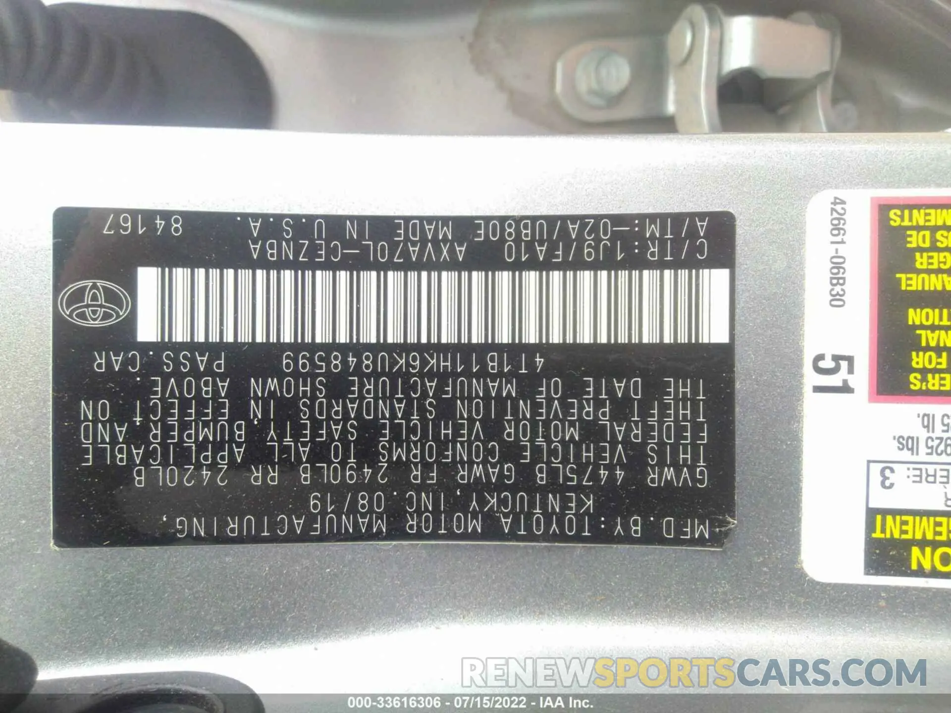 9 fotografías del automóvil dañado 4T1B11HK6KU848599 TOYOTA CAMRY 2019