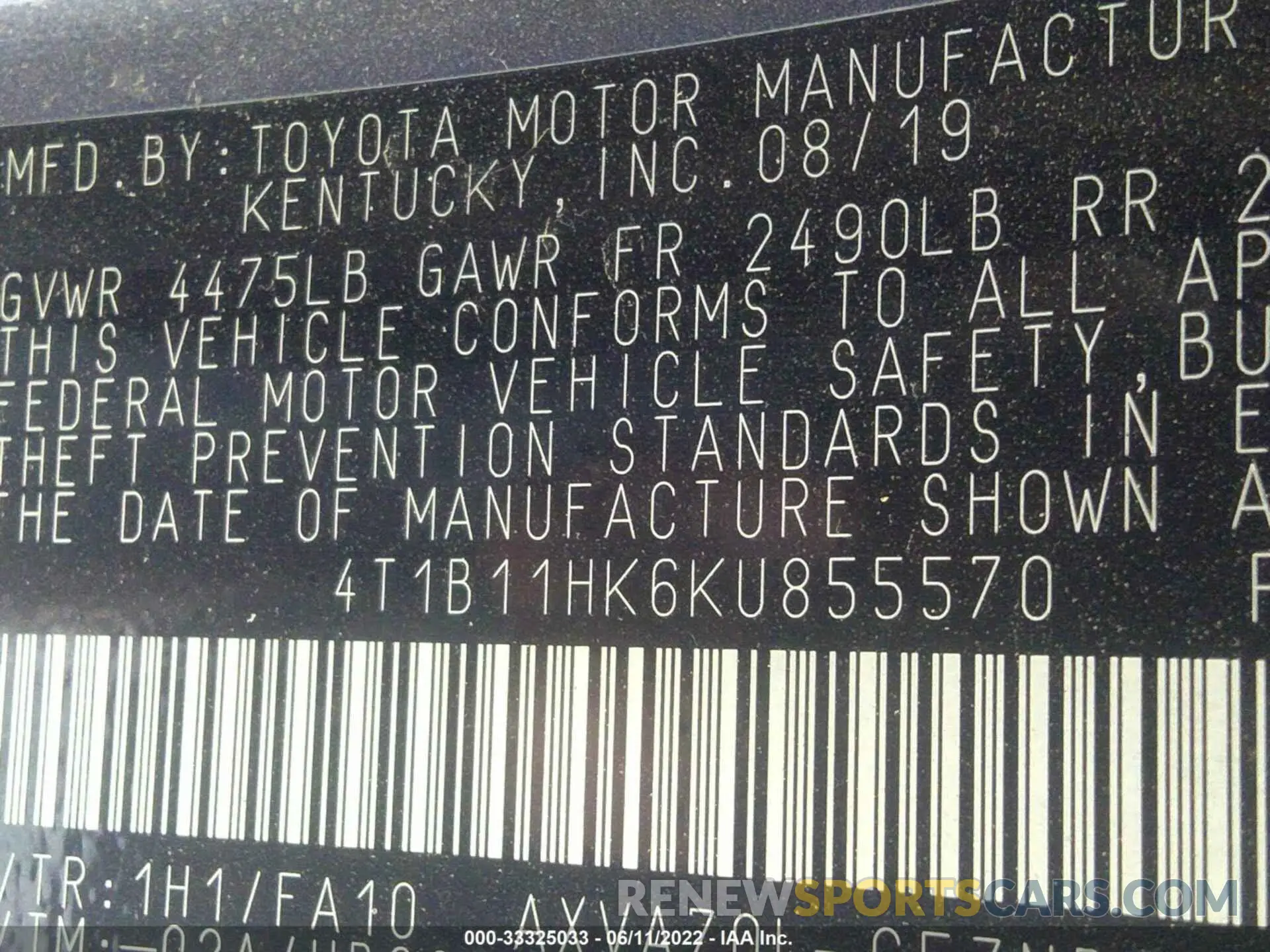 9 fotografías del automóvil dañado 4T1B11HK6KU855570 TOYOTA CAMRY 2019