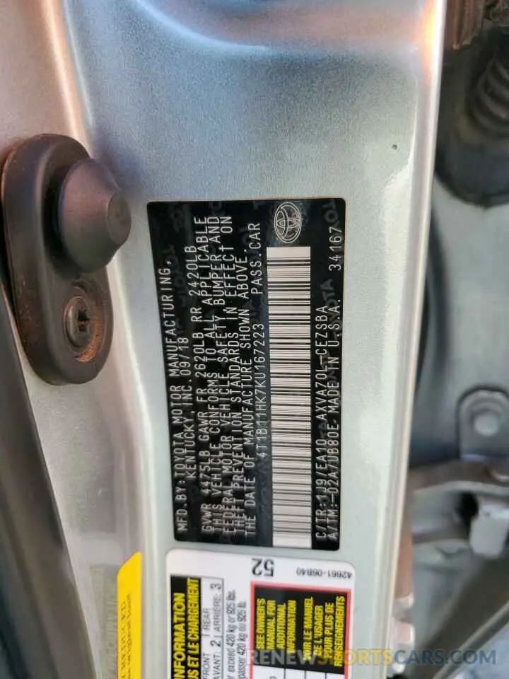 13 fotografías del automóvil dañado 4T1B11HK7KU167223 TOYOTA CAMRY 2019