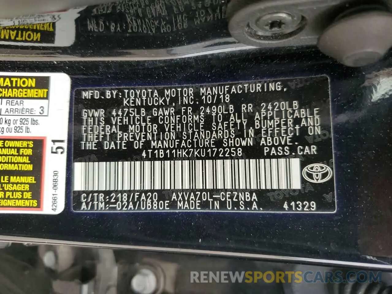 12 fotografías del automóvil dañado 4T1B11HK7KU172258 TOYOTA CAMRY 2019