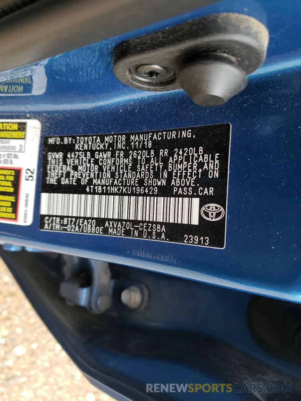 10 fotografías del automóvil dañado 4T1B11HK7KU196429 TOYOTA CAMRY 2019