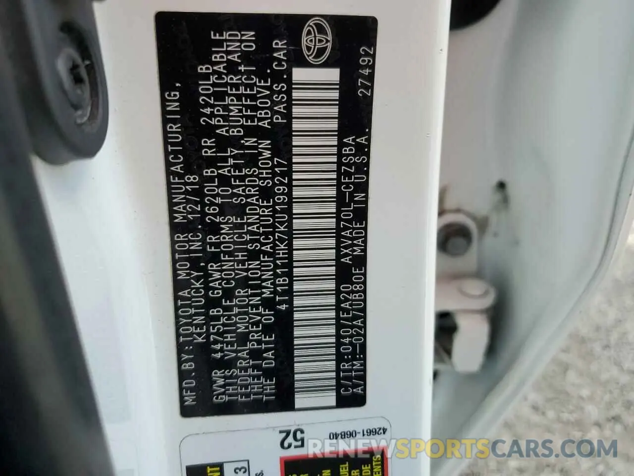 12 fotografías del automóvil dañado 4T1B11HK7KU199217 TOYOTA CAMRY 2019